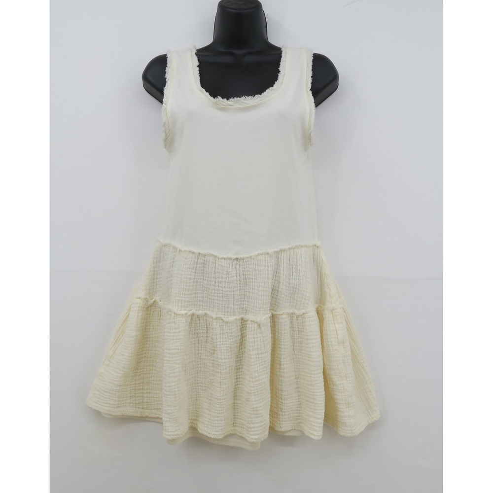 Cream Sleeveless Tiered Gauze Mini Dress Boho Raw Edge ND31748 Small